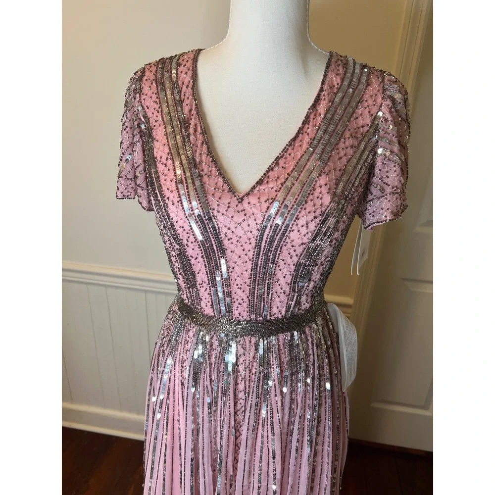 Mac Duggal 70108 Rose Pink Sequin Beaded Flutter Sleeve V-Neck Gown Dress size 4 - Picture 6 of 14